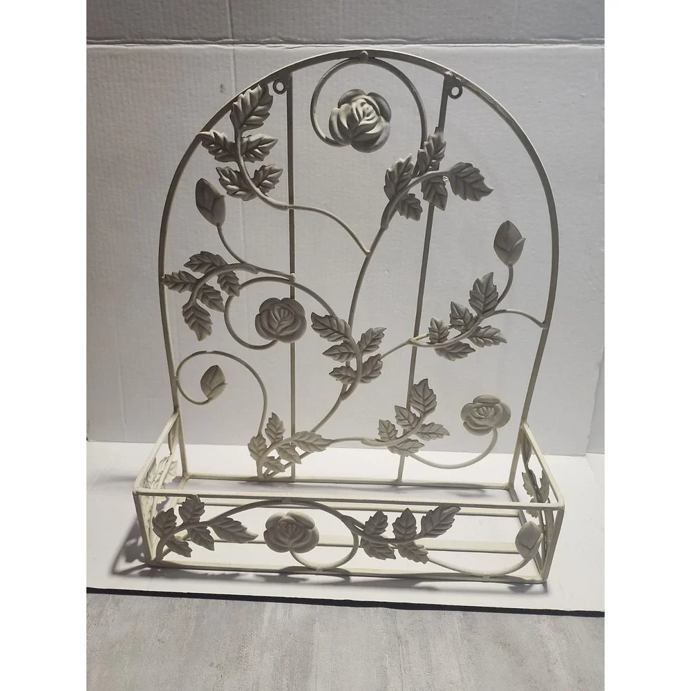 Vtg Metal Wrought Iron Wall Hanging Shelf Floral Decor Beige Distressed 19 in.